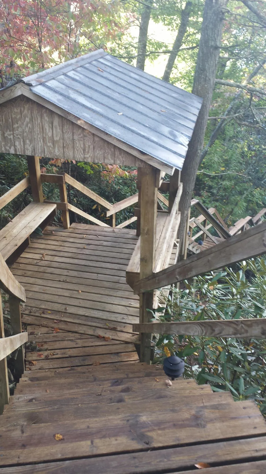 Metal roofed shelter over wooden steps on a wooded walkway — Skylight Repair & Installation work by our crew in Louisburg